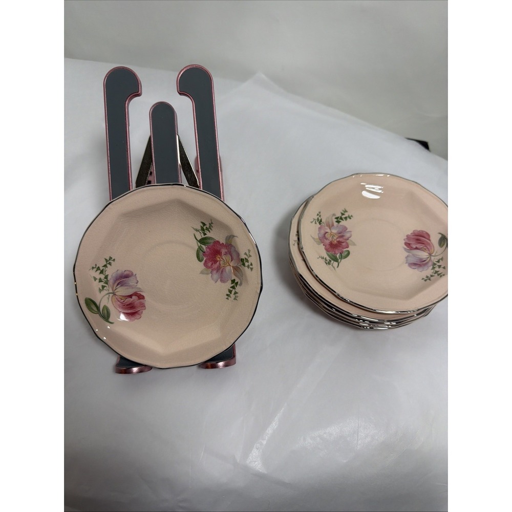 6 Vintage Taylor, Smith & Taylor Pink Floral Saucers Silver Rimmed Marked - Picture 1 of 5